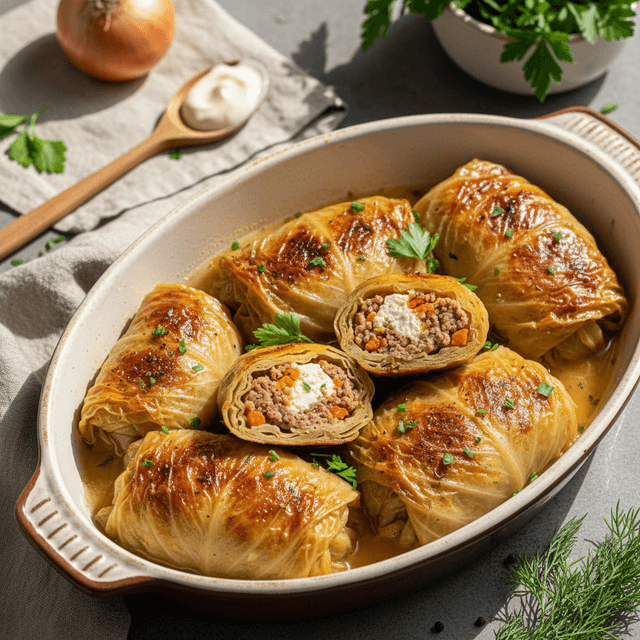 Liesos maltos mėsos ir varškės įdaru įdaryti kopūstų suktinukai, patiekiami dideliame dubenyje.