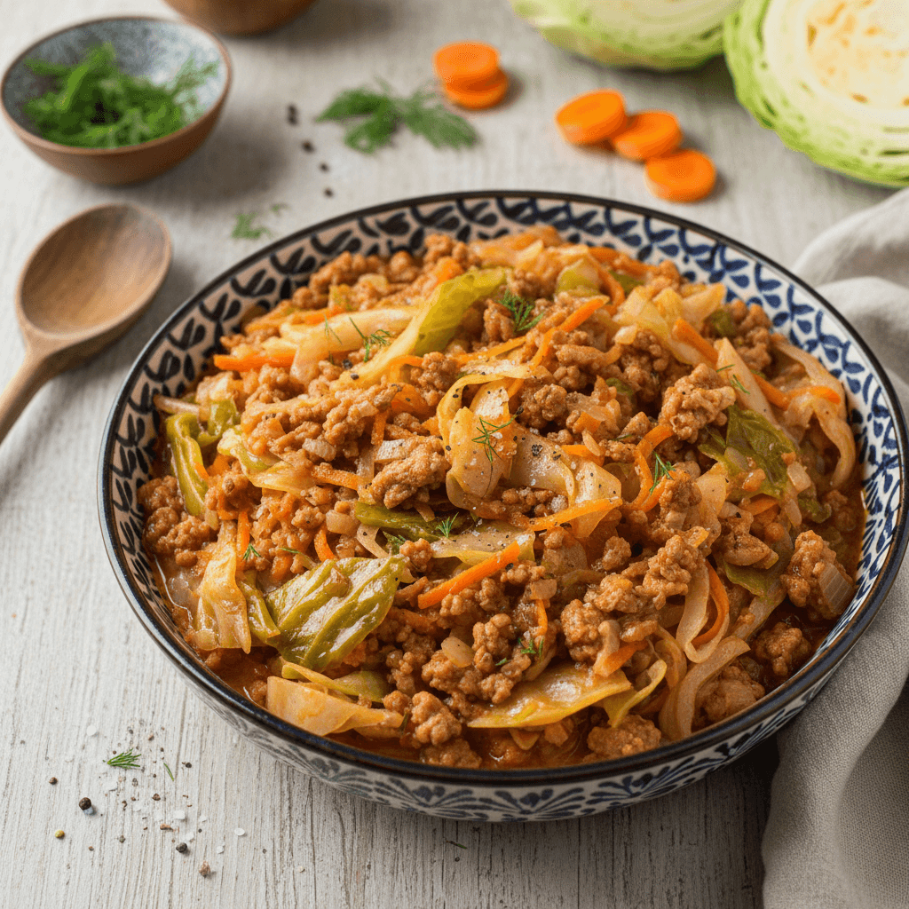 Sotūs kopūstų troškiniai su kiaulienos faršu, patiekti lėkštėje su žolelėmis.