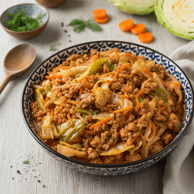 Sotūs kopūstų troškiniai su kiaulienos faršu, patiekti lėkštėje su žolelėmis.