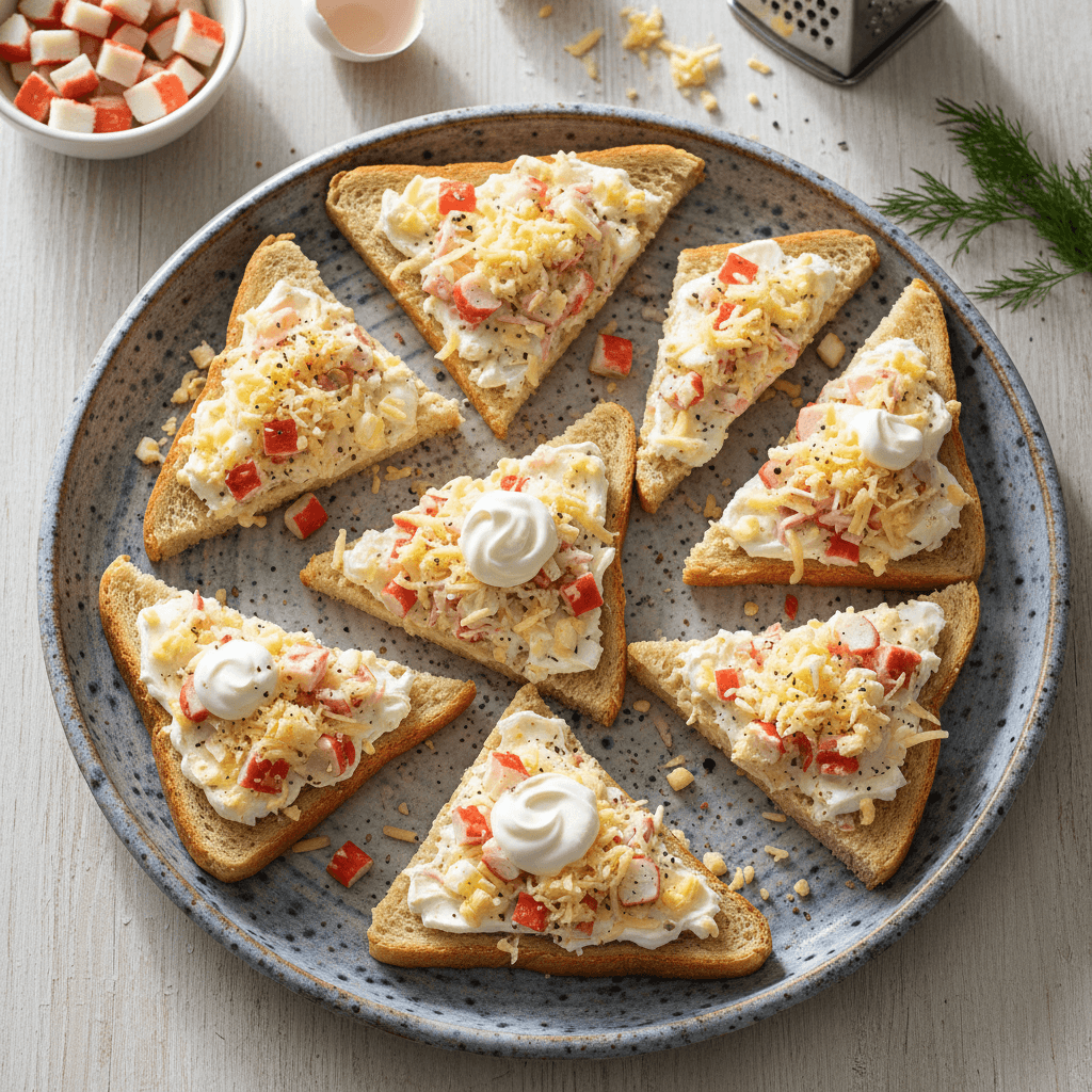 Lėkštėje patiekti sumuštiniai su krabų lazdelių, kiaušinių ir kreminio sūrio įdaru.