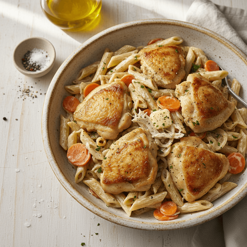 Kreminiai makaronai su sultingais vištienos šlaunelių gabalėliais, morkomis ir svogūnais, tolygiai padengti tirštu, auksiniu padažu.