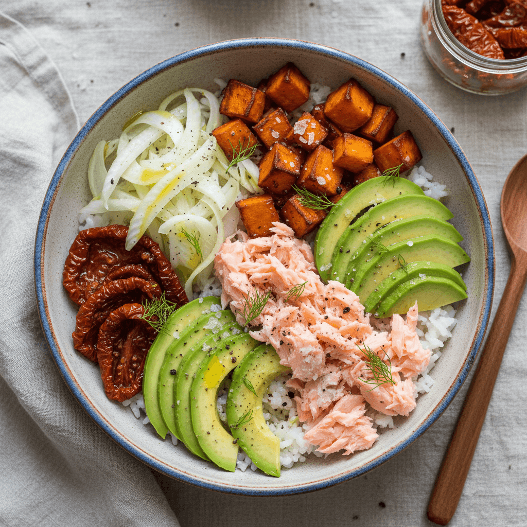 Spalvingas dubenėlis su ryžiais, keptomis saldžiomis bulvėmis, lašišos konservais, avokadu, saulėje džiovintais pomidorais ir pankoliu.