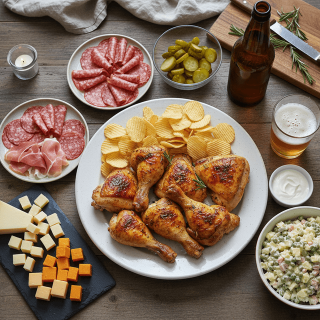 Lengva vakarienės užkandžių lėkštė su kepta vištiena, saliamiu, prosciutto, sūriu, bulvių traškučiais, marinuotais agurkėliais ir Olivier salotomis.