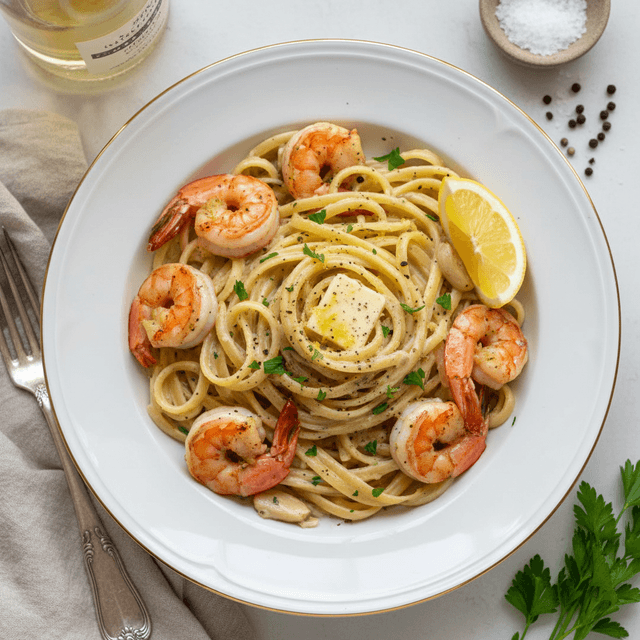 Linguine makaronai su sultingomis krevetėmis kreminiame padaže, pabarstyti šviežiomis petražolėmis ir tarkuotu sūriu.