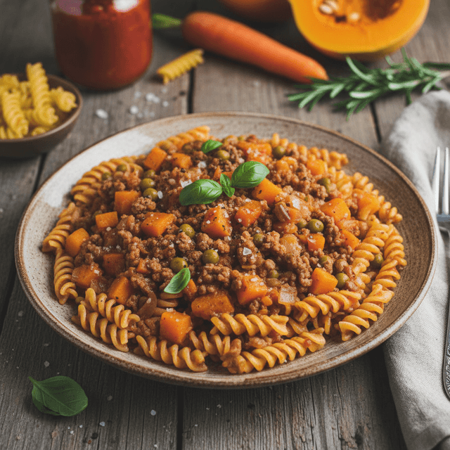 Lėkštė makaronų su sodriu mėsos ir daržovių padažu, apibarstyta šviežiomis petražolėmis.