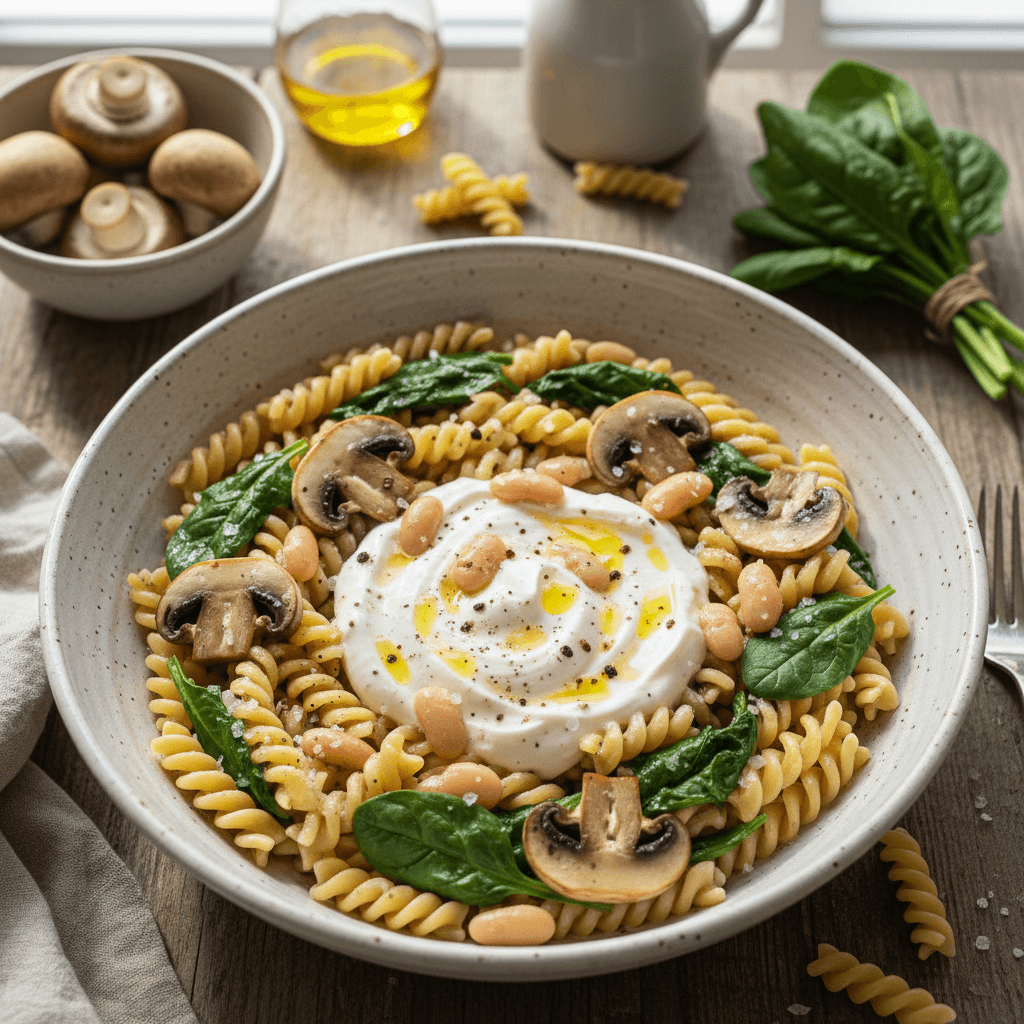 Makaronų patiekalas su keptais pievagrybiais, špinatais, baltomis pupelėmis ir kreminiu jogurto padažu, patiektas lėkštėje.