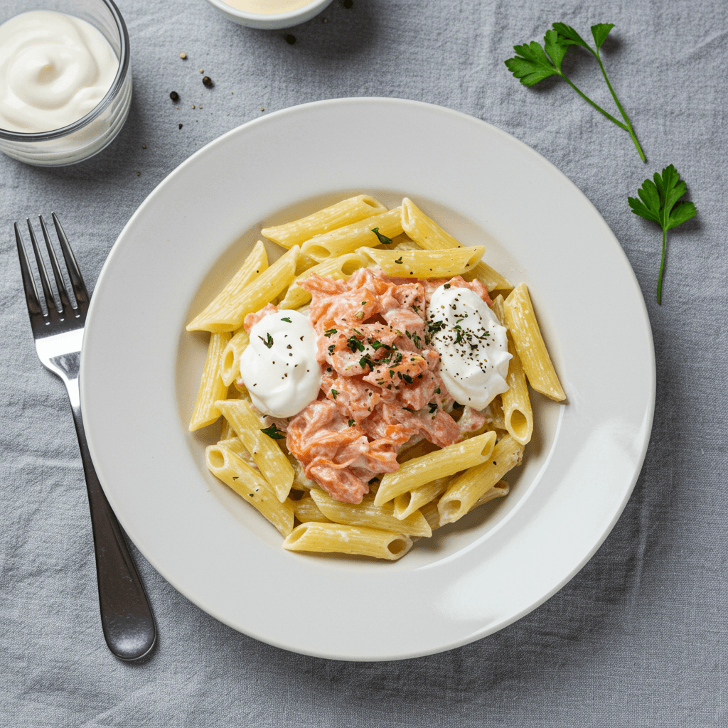 Kreminių makaronų patiekalas su suplėšyta rūkyta lašiša