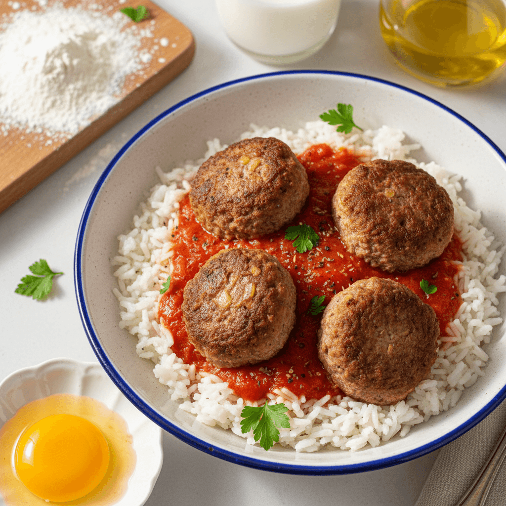 Maltos mėsos kukuliai su ryžiais ir sodriu pomidorų padažu, patiekiami lėkštėje.