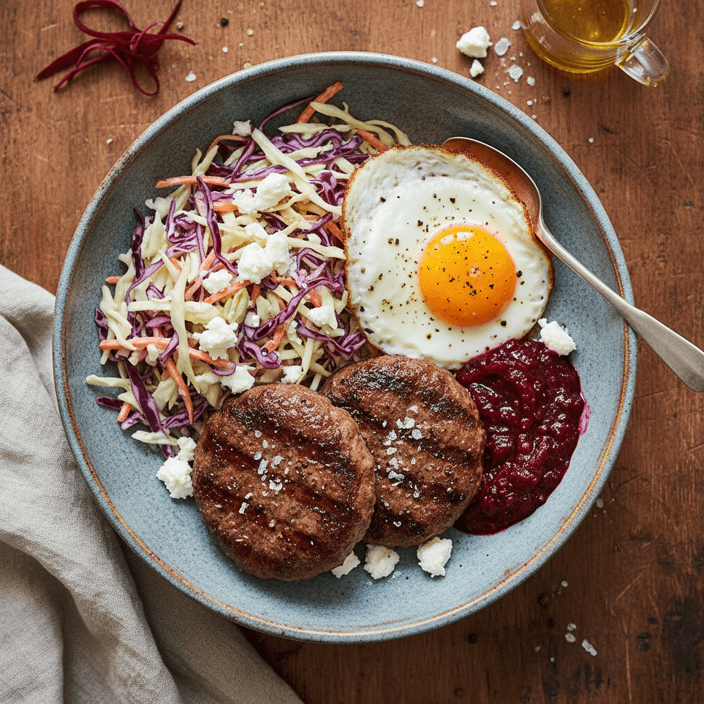 Mėsainio dubenėlis su jautienos paplotėliu, coleslaw salotomis, feta, keptu kiaušiniu ir burokėlių džemu.