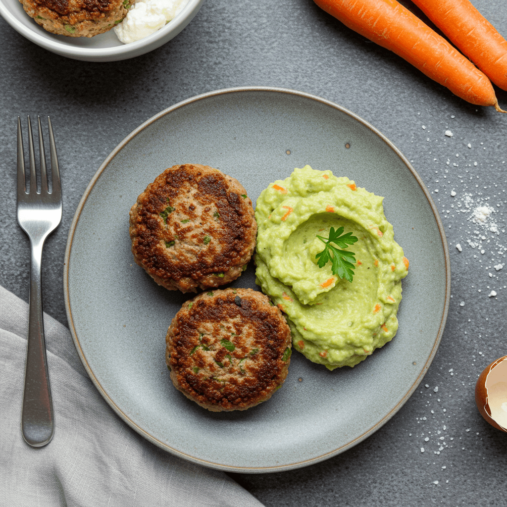 Maltos mėsos kotletukai su kremiška avokadų ir tarkuotos morkos koše lėkštėje