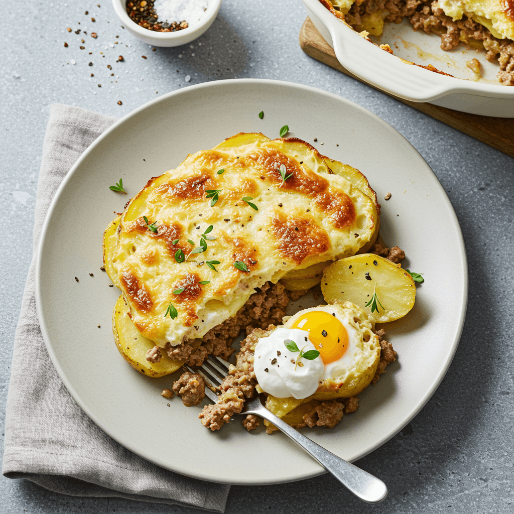 Baked dish with minced meat patties covered with potato slices and a creamy sauce