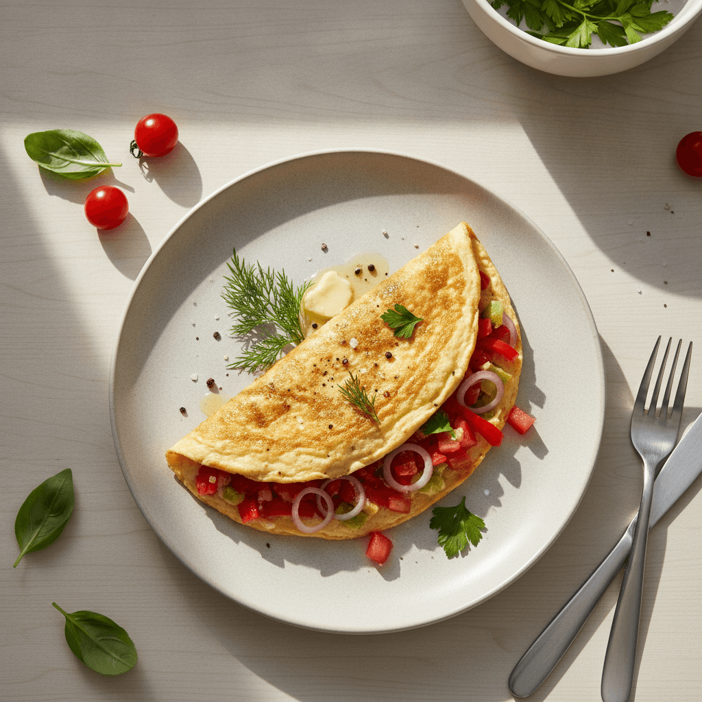 Purus omletas su smulkintomis daržovėmis, tokiomis kaip paprika, svogūnai ir pomidorai, patiektas lėkštėje.