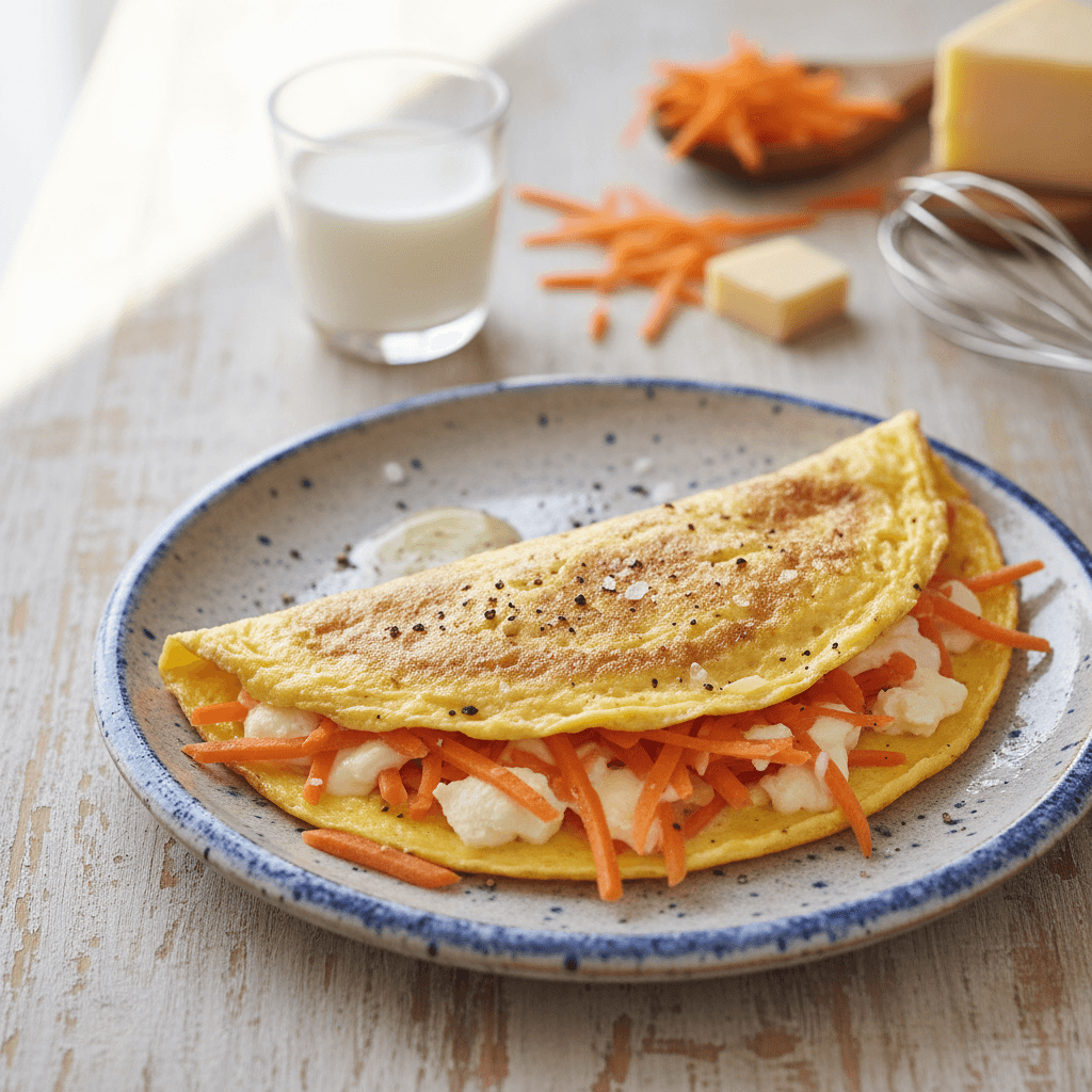 Purus omletas su tarkuotomis morkomis ir išsilydžiusiu sūriu, patiektas lėkštėje.