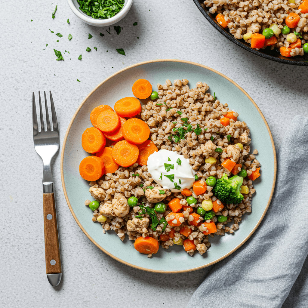 Comforting chicken and buckwheat stew with carrots and mixed vegetables in a bowl.