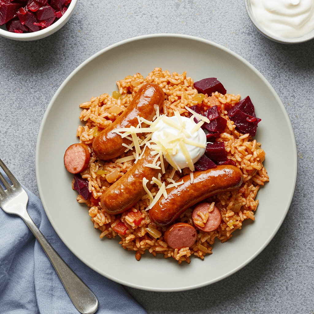One-Pan Sausage, Rice & Tangy Beetroot Dinner