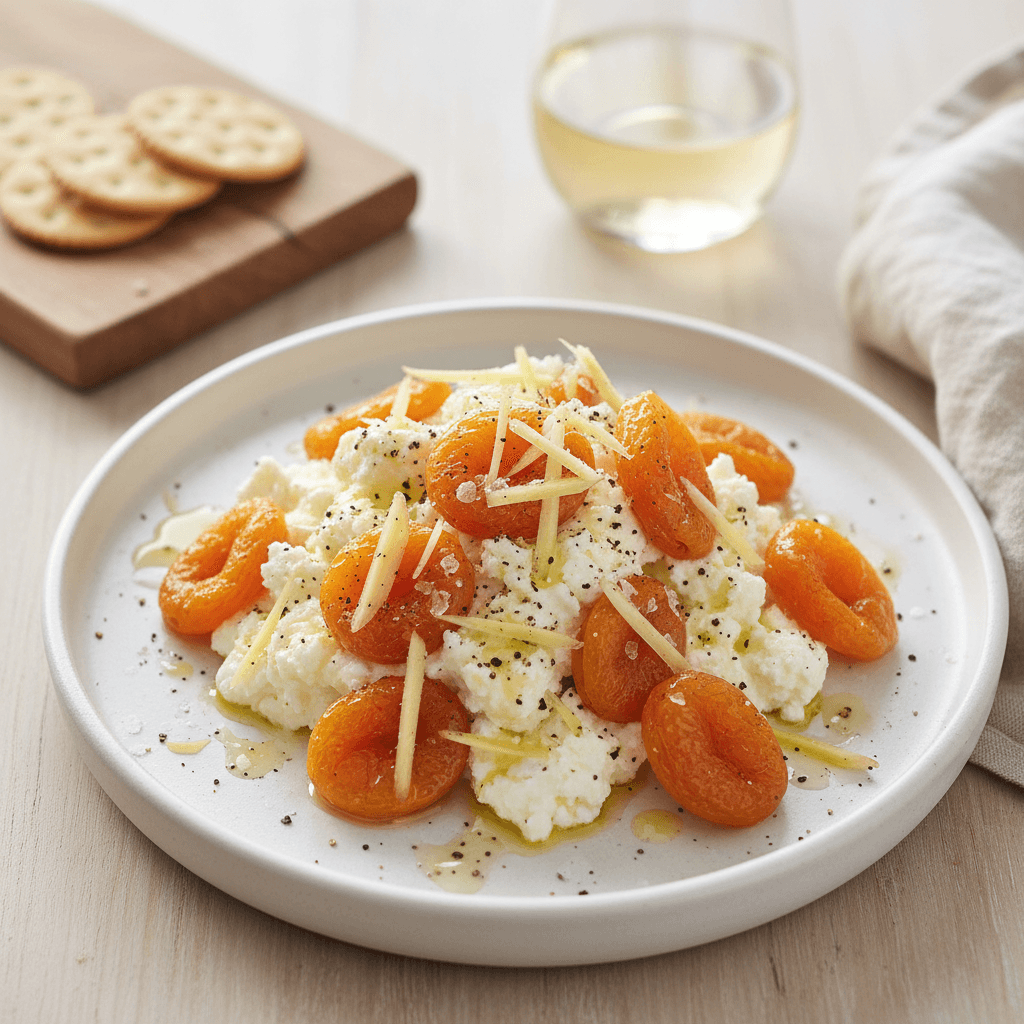 Lėkštėje patiektas ožkos sūrio užkandis su smulkintais abrikosais ir imbieru, puikiai tinkantis su krekeriais.