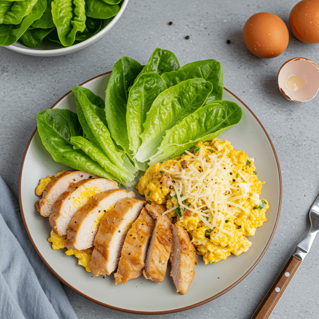Pan-seared chicken and egg with cheese served alongside fresh lettuce and tomato salad.