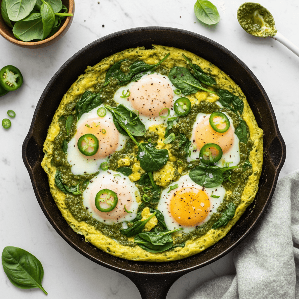 Pesto kiaušinienė su špinatais ir jalapeñu