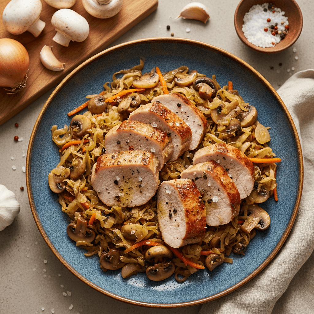 A plate of pork tenderloin stewed with sauerkraut and button mushrooms.
