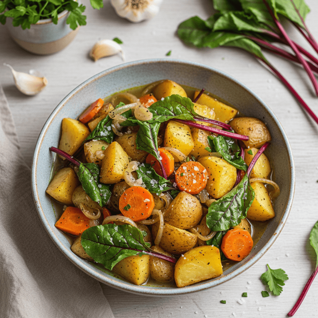 A hearty potato and beet greens stew, served in a bowl.