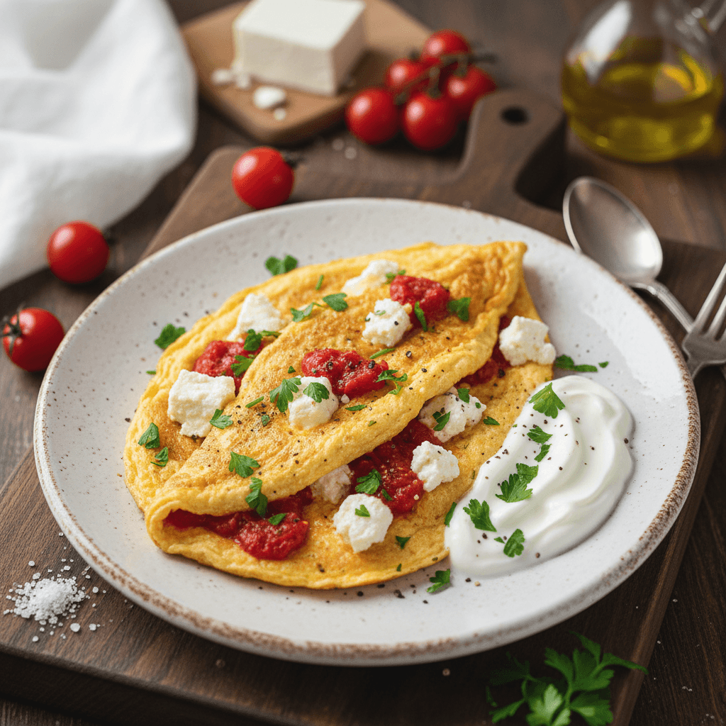 Purus omletas su brinza ir pomidorais
