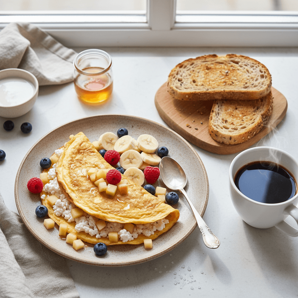 Purus varškės omletas su šviežiomis obuolio skiltelėmis ir puodeliu kavos šalia.