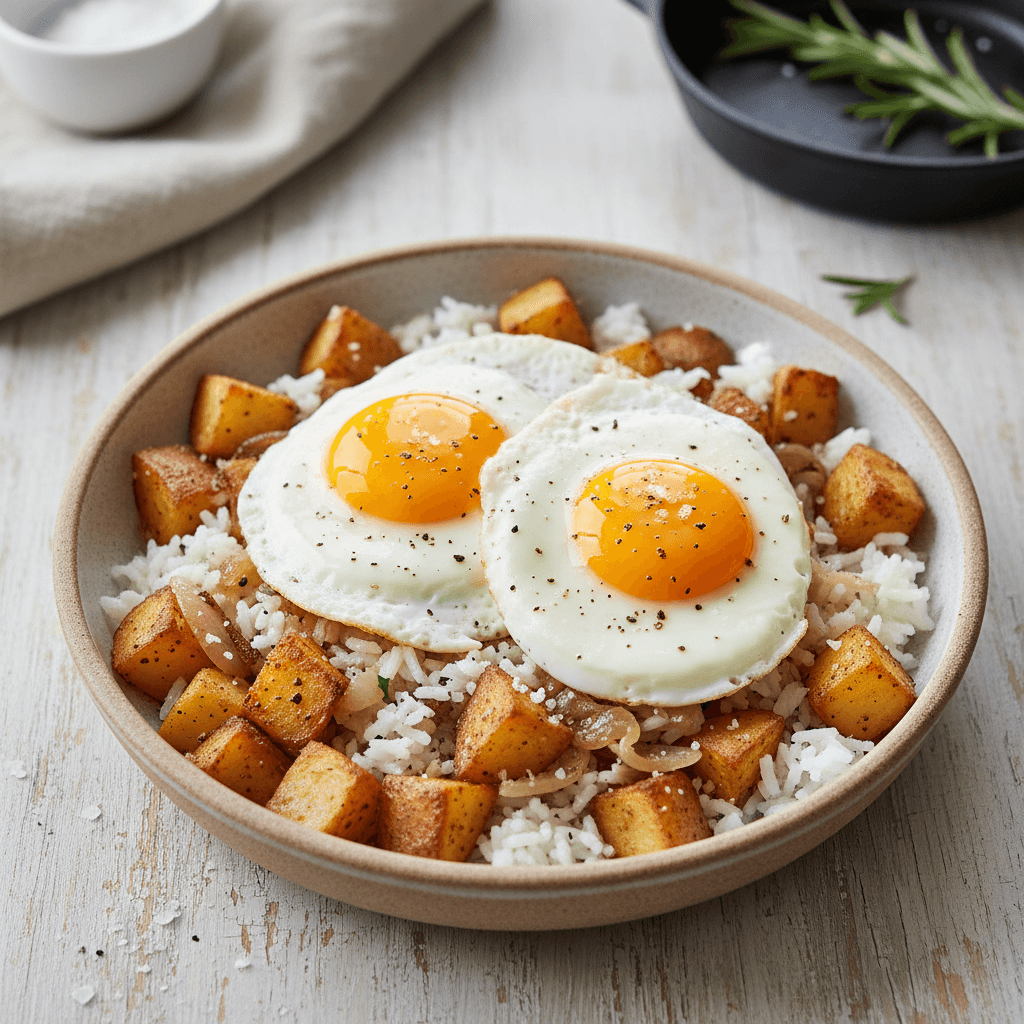 Pusryčių dubenėlis su keptomis bulvėmis, ryžiais ir keptu kiaušiniu, apibarstytas juodaisiais pipirais.