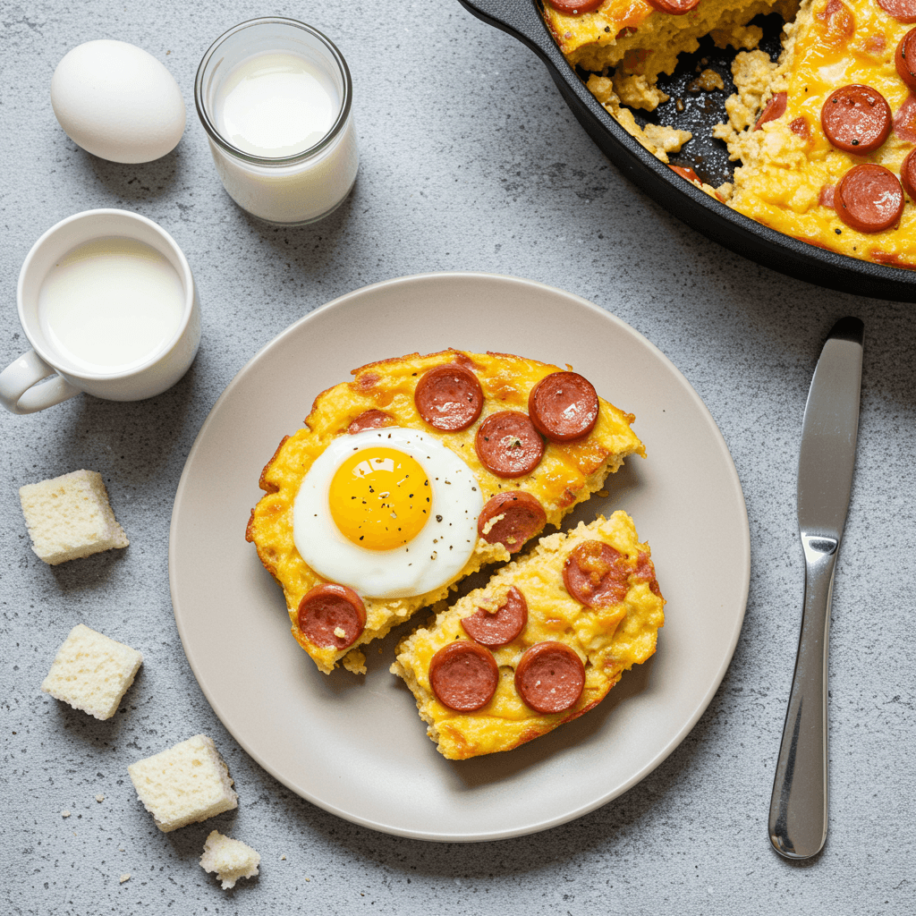 Iš arti – auksinės spalvos duonos apkepas su dešrelėmis ir kiaušiniais baltame kepimo inde, puikiai tinkantis pusryčiams.