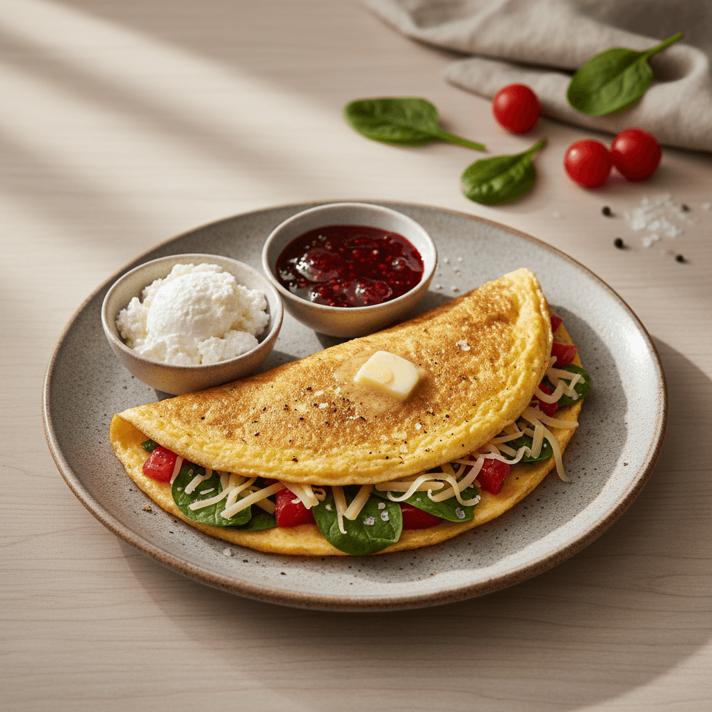 Pusryčių omletas su sūriu ir daržovėmis