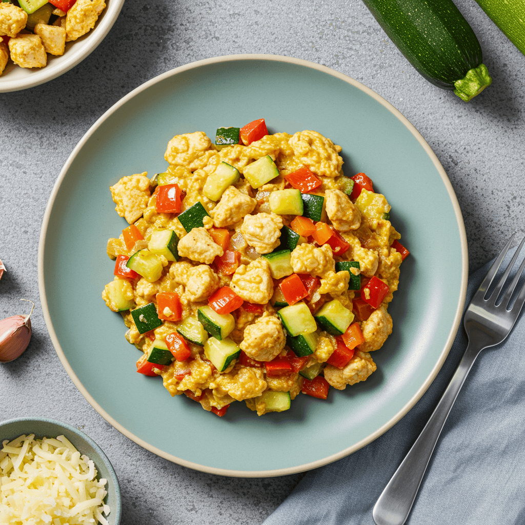 Quick chicken zucchini pepper scramble with melted cheese in a skillet