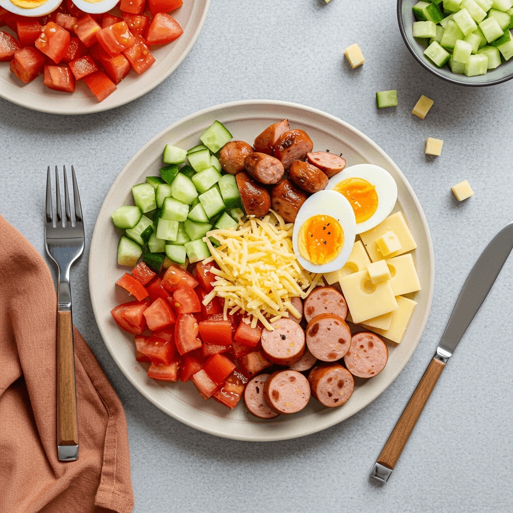 A colorful bowl with scrambled eggs, sliced sausages, melted cheese, diced tomatoes, cucumbers, and a drizzle of sauce.