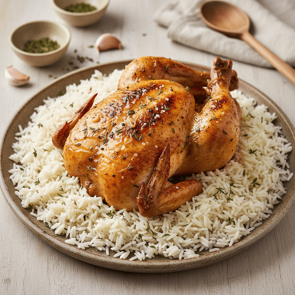 A whole golden-roasted chicken, cut into portions, served alongside fluffy white rice.