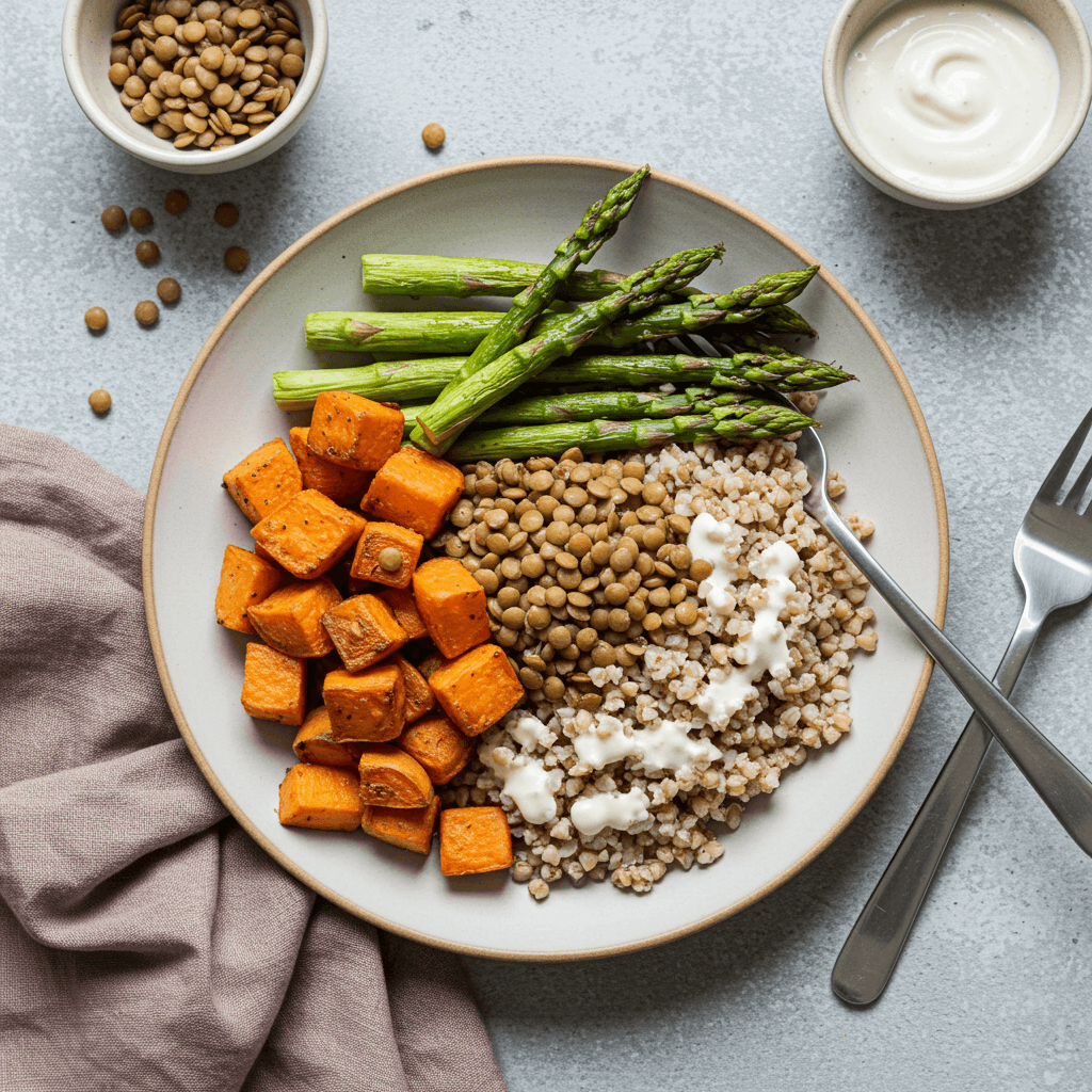 Colorful power bowl with roasted sweet potato, asparagus, lentils, buckwheat, fresh vegetables, and cheese