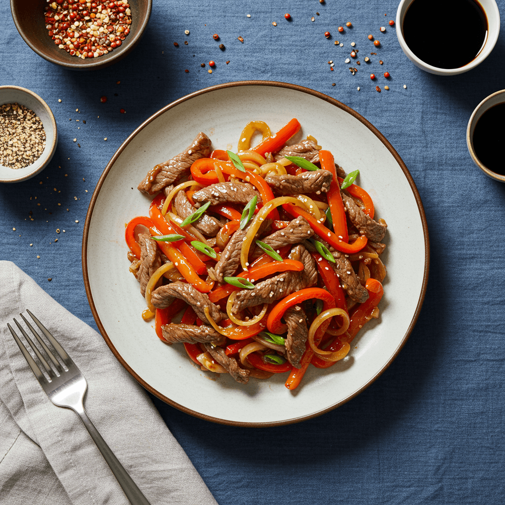 Asian beef and bell pepper stir-fry in a pan