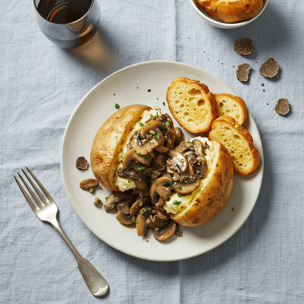 Gourmet baked potato topped with rich wild mushroom ragout and a drizzle of truffle oil, served with toasted baguette slices.