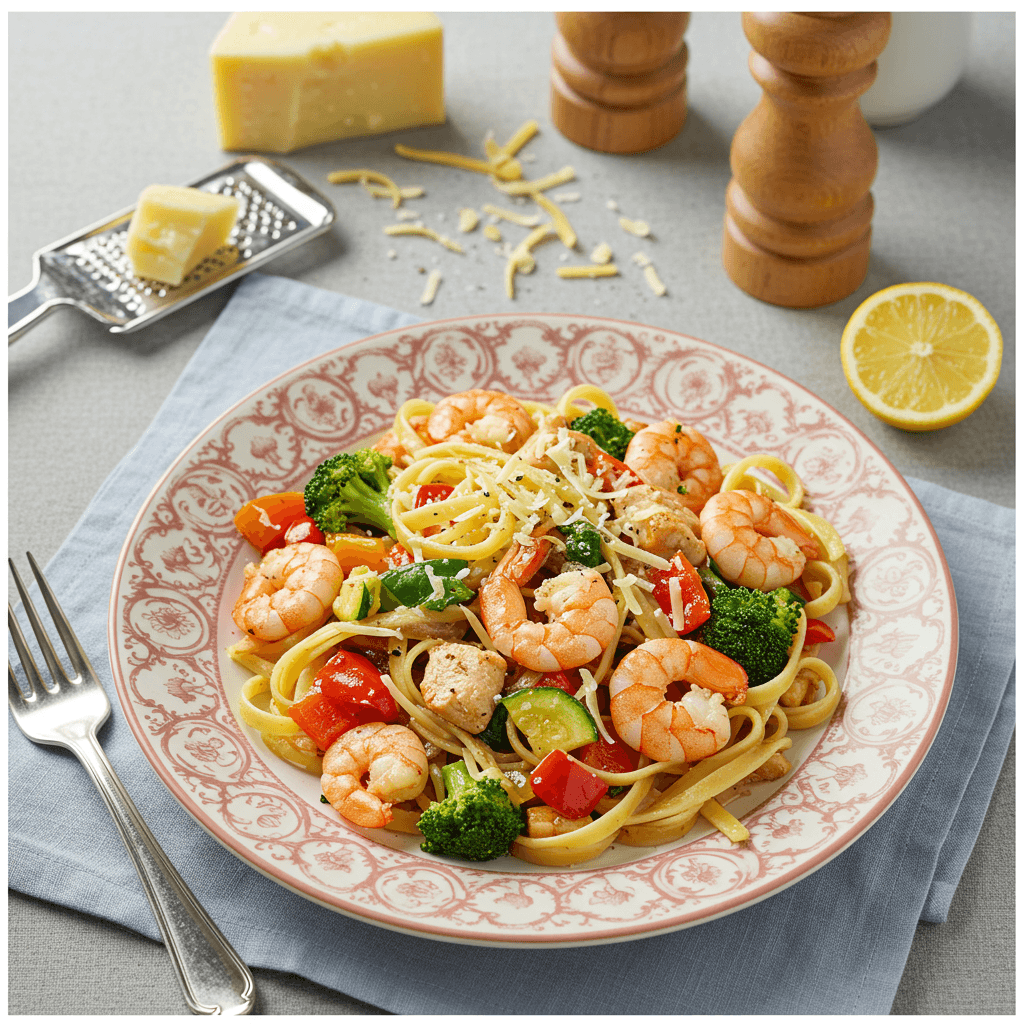 Royal Chicken Shrimp Pasta with Vegetables and Cheese