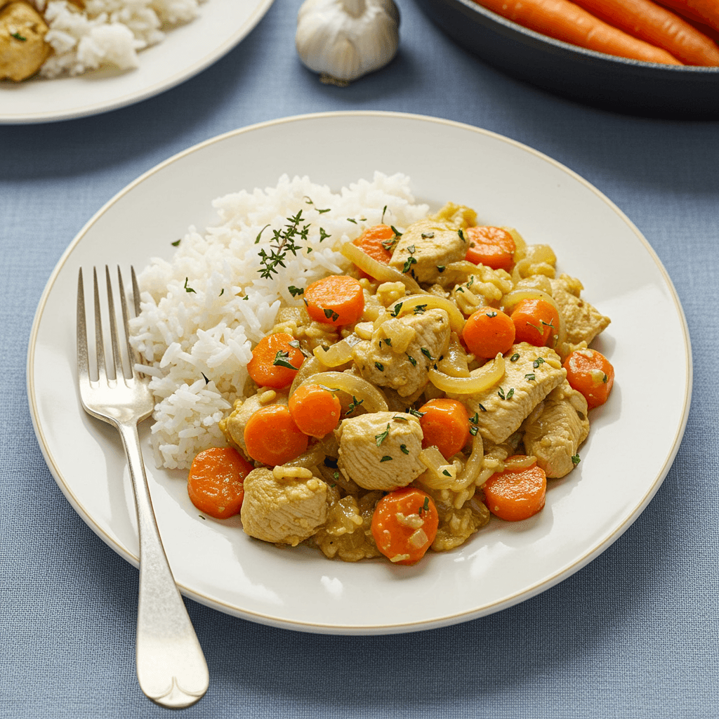 Delicious dairy-free chicken and rice dish with carrots, onion, and herbs