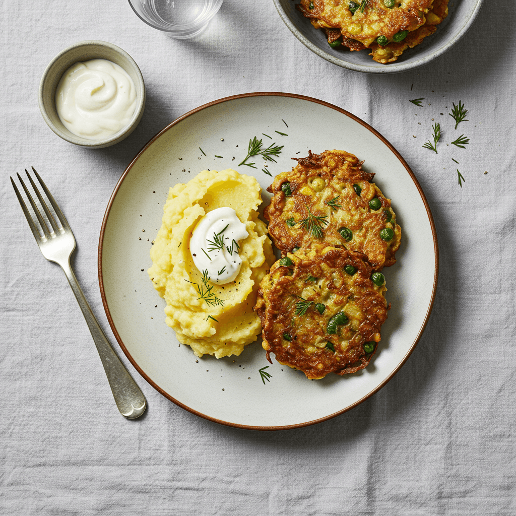Plate of golden brown herring and vegetable fritters topped with dill and sour cream