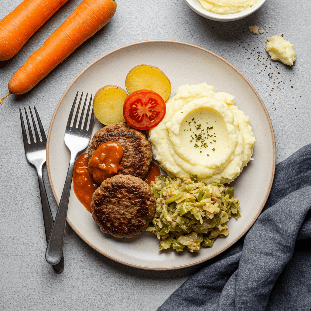 Baked meat patties with creamy tomato sauce, mashed potatoes, and sautéed cabbage