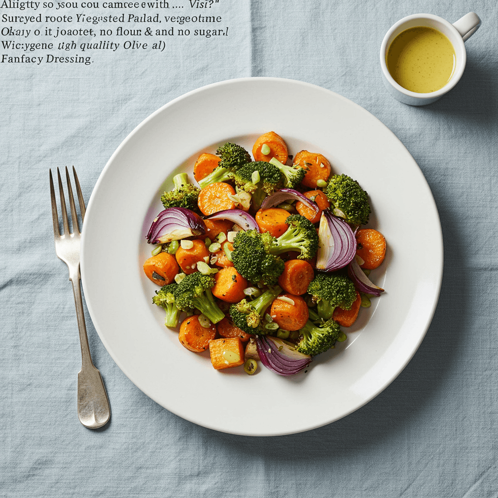 Gourmet roasted vegetable salad with dressing and nuts