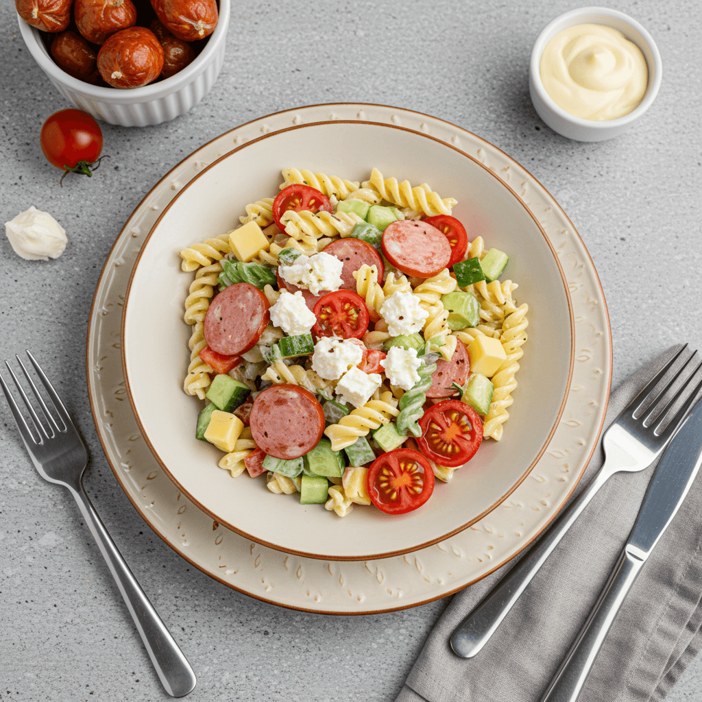 Colorful pasta salad with sausage, cheese, tomatoes, and cucumbers in a large bowl.