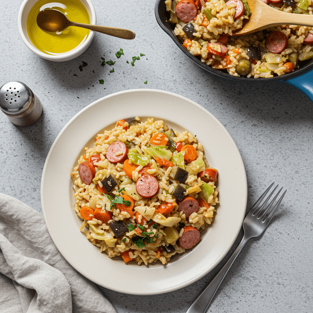 Kreminis ryžių patiekalas keptuvėje su dešra ir daržovėmis