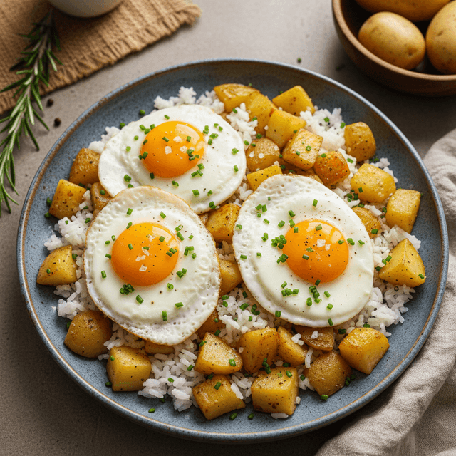 Lėkštė šiltų ryžių ir bulvių su kiaušiniais, gražiai apskrudusiais ingredientais ir puriu kiaušinio sluoksniu.