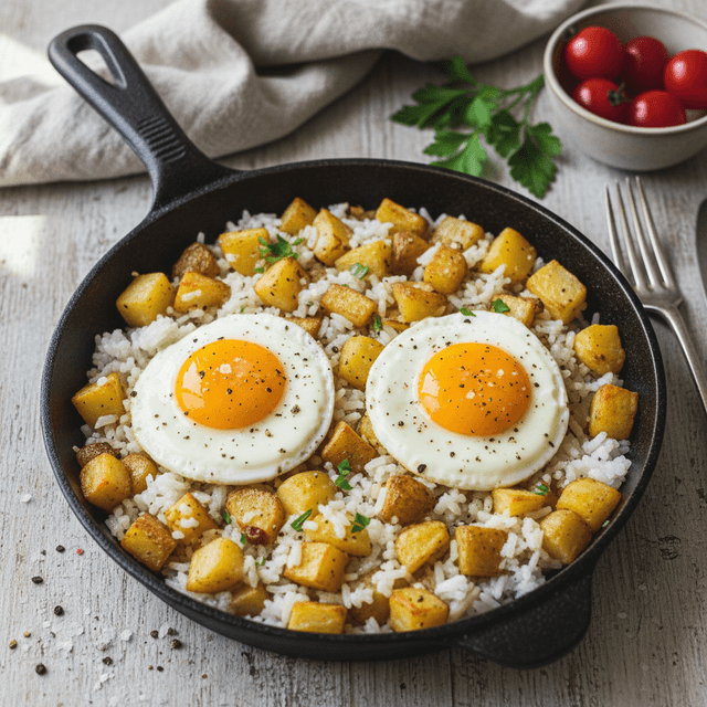 Lėkštėje patiekti ryžiai ir bulvės su ant viršaus iškeptu kiaušiniu, apibarstyti šviežiomis prieskoninėmis žolelėmis.