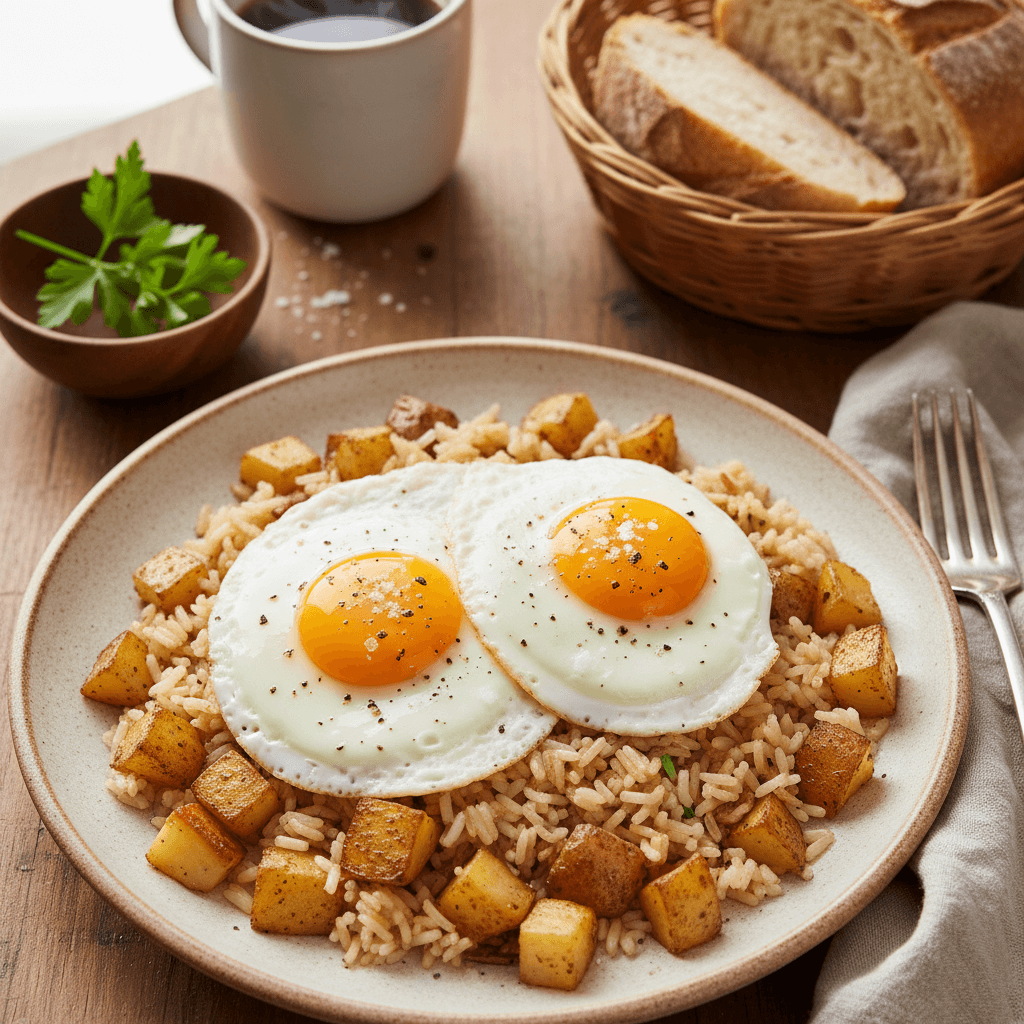 Lėkštė ryžių ir bulvių pusryčių su keptu kiaušiniu viršuje, papuošta šviežiomis prieskoninėmis žolelėmis.