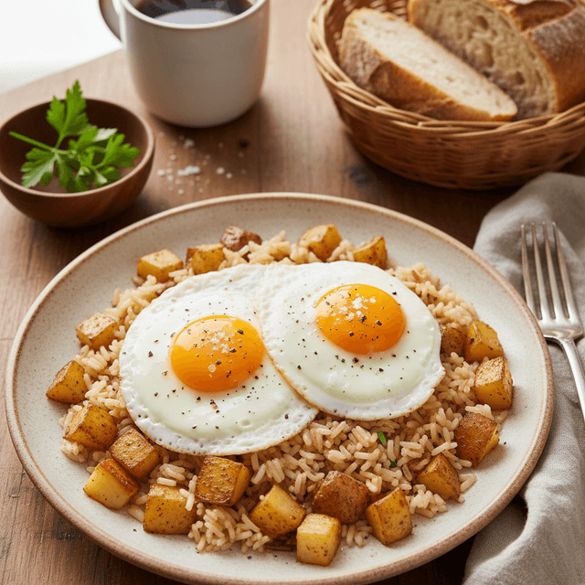 Lėkštė ryžių ir bulvių pusryčių su keptu kiaušiniu viršuje, papuošta šviežiomis prieskoninėmis žolelėmis.