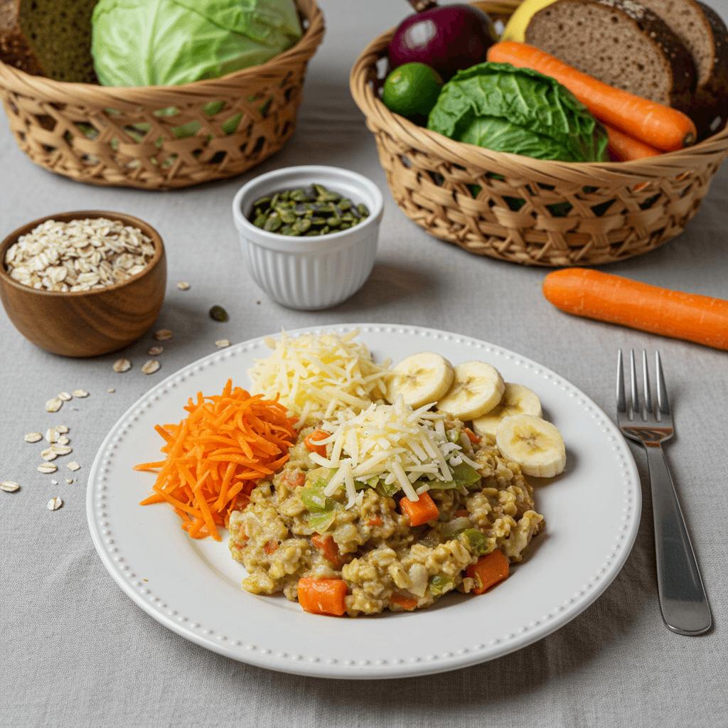 Bowl of savory oatmeal with grated cheese, carrot, and cabbage, served with dark bread and banana.