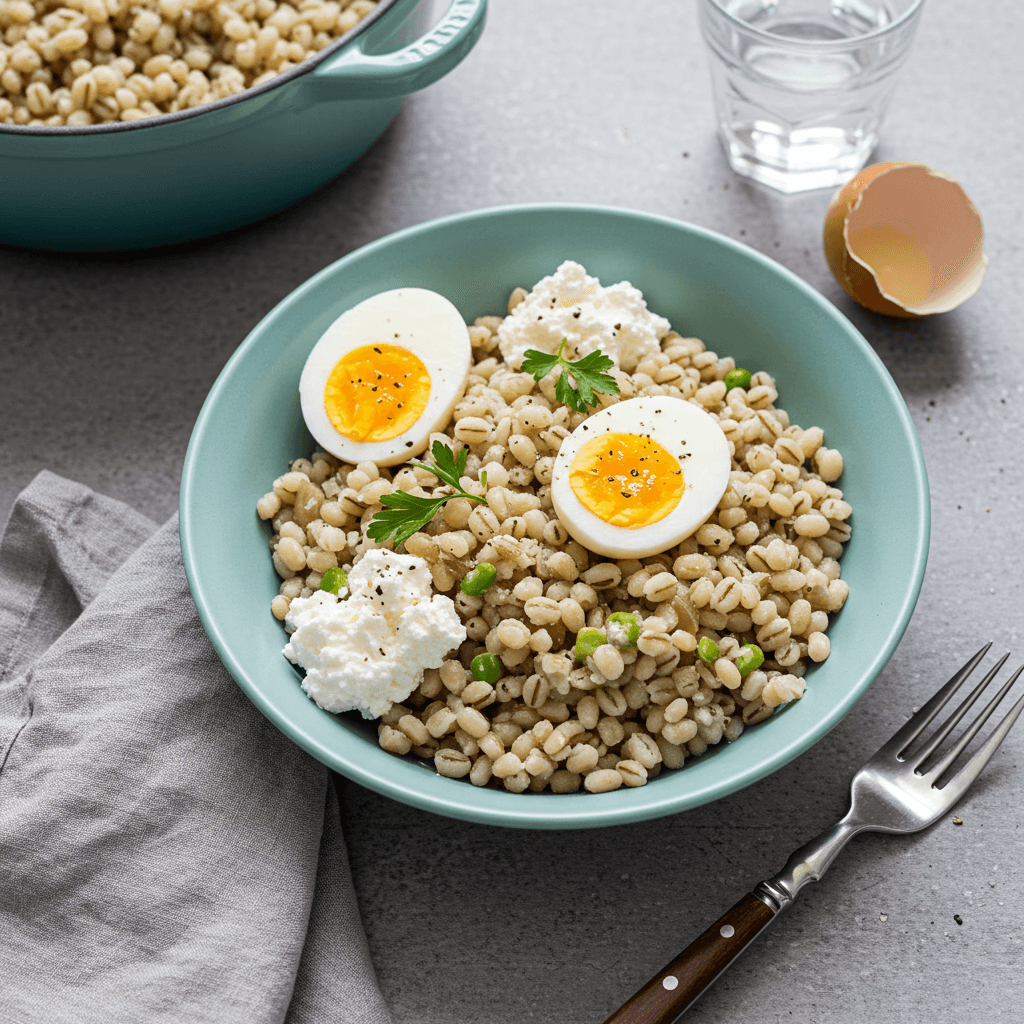 Savory Pearl Barley Bowl with Cottage Cheese and Egg