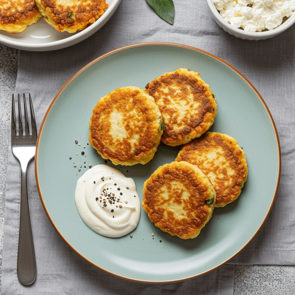 Golden brown cottage cheese and sausage fritters on a plate with dipping sauce