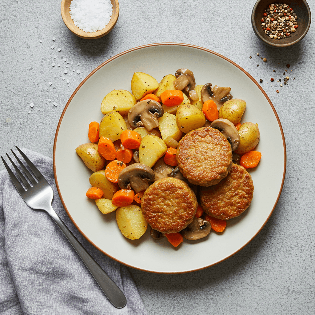 Plate of cooked soy patties with roasted potatoes, carrots, and mushrooms.